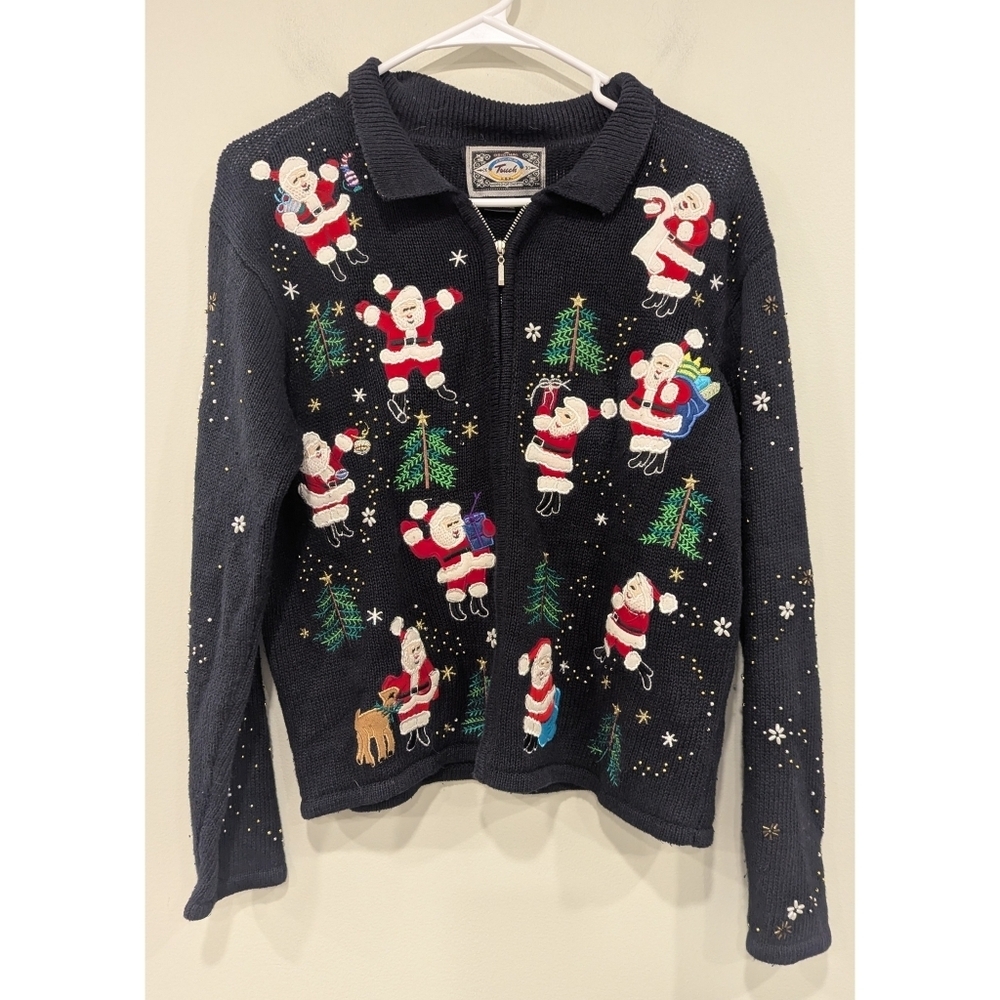 Vintage Jeans Wear Knitted Santa Clause Christmas Zip Cardigan Size Medium